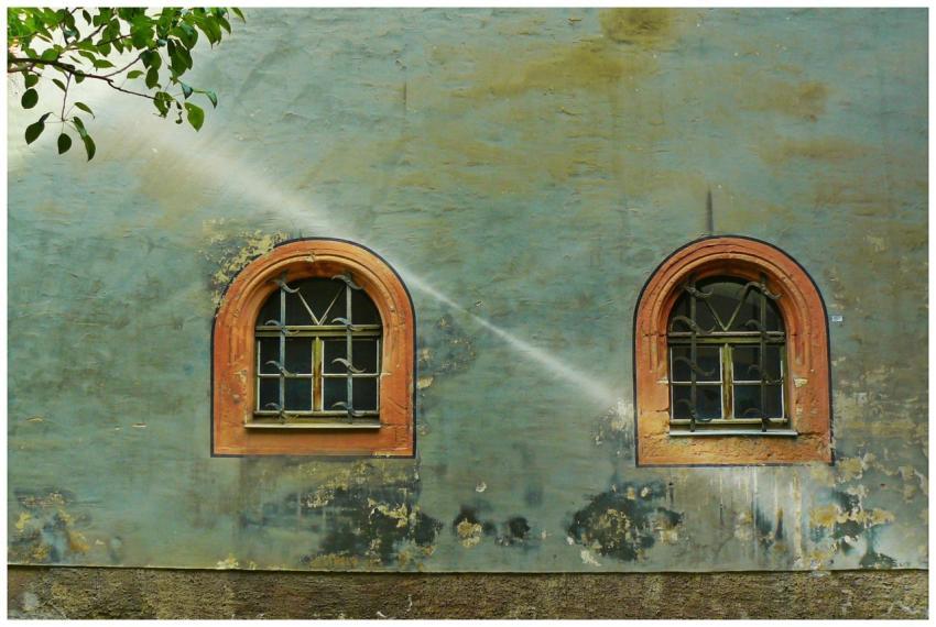 Two arched lattice windows on a weathered historic