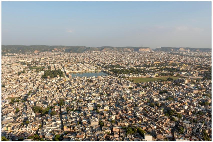 Panoramic aerial view of Jaipur, showcasing urban