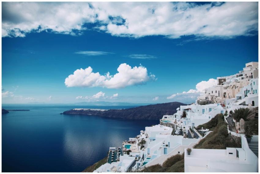 Breathtaking panoramic view of Santorini's white-w