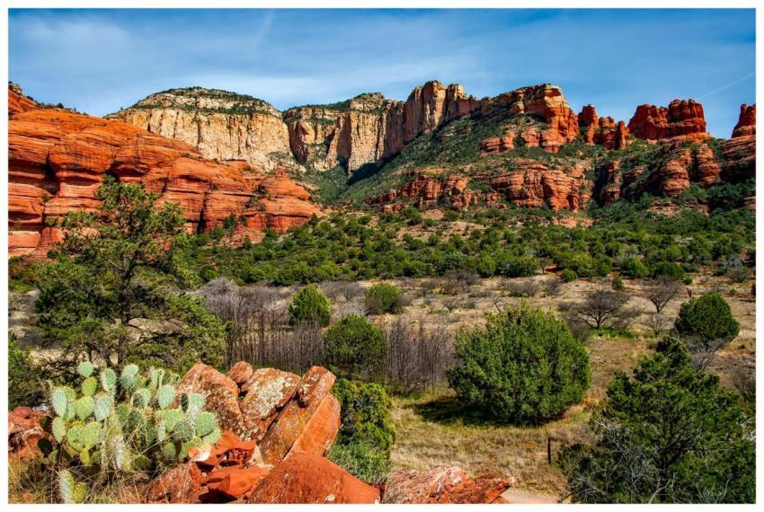 Breathtaking view of red rock formations and lush