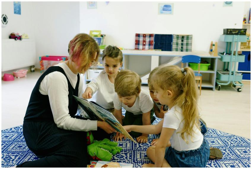 Group of children and a teacher enjoying storytime