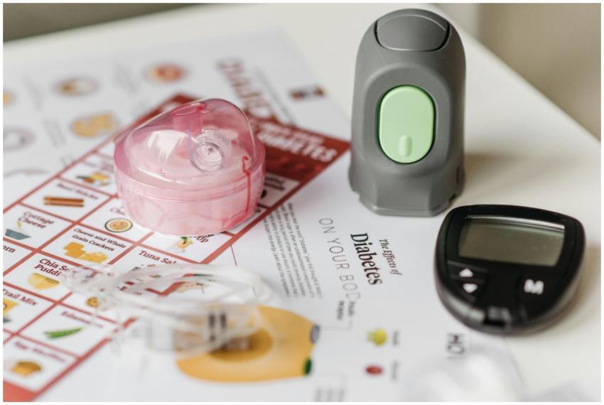 Close-up of blood sugar monitoring devices and edu