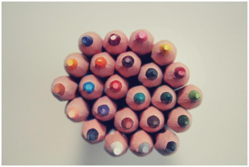 Top view of colorful wooden pencils arranged in a