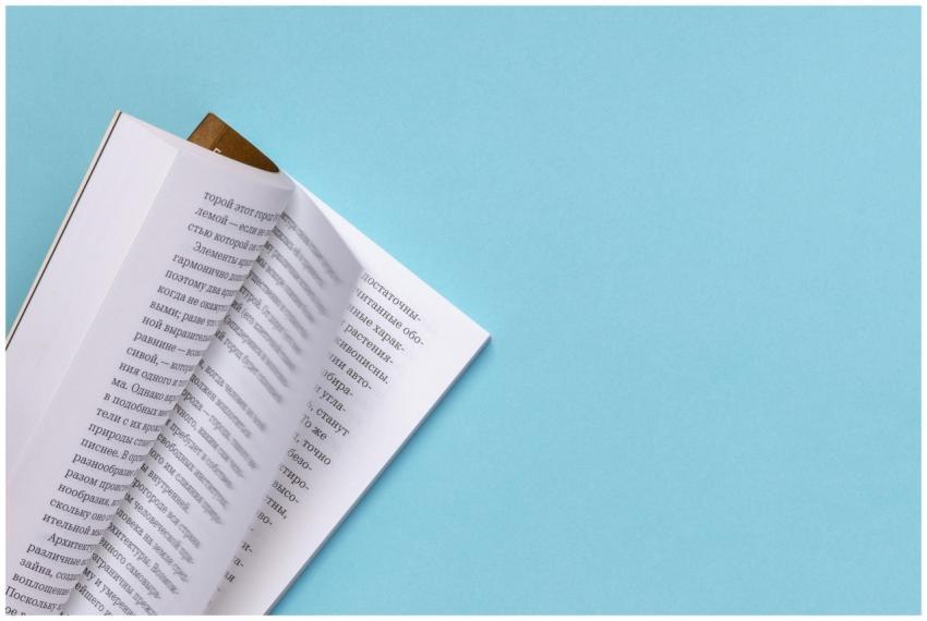 Open book with Russian text on a light blue backgr