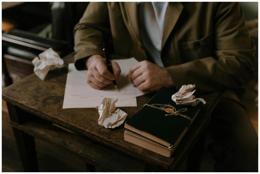 A person writing at a wooden desk with crumpled pa