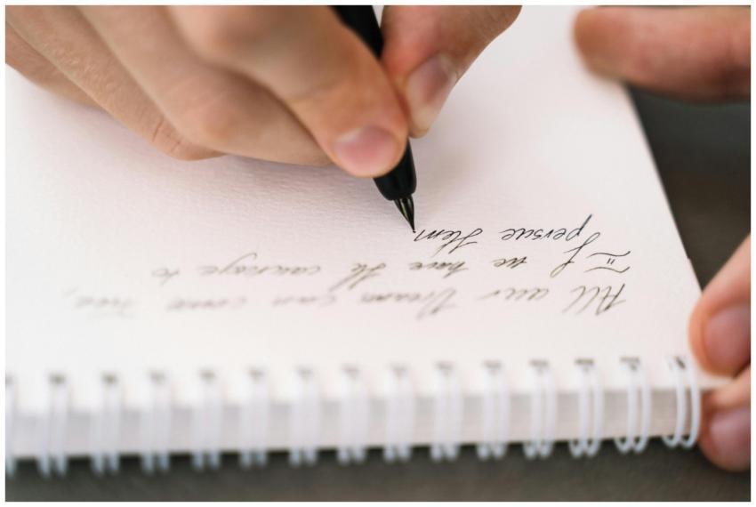 A person writes in a spiral notebook with elegant