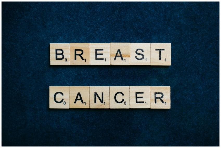 Wooden Scrabble tiles spelling 'Breast Cancer' on