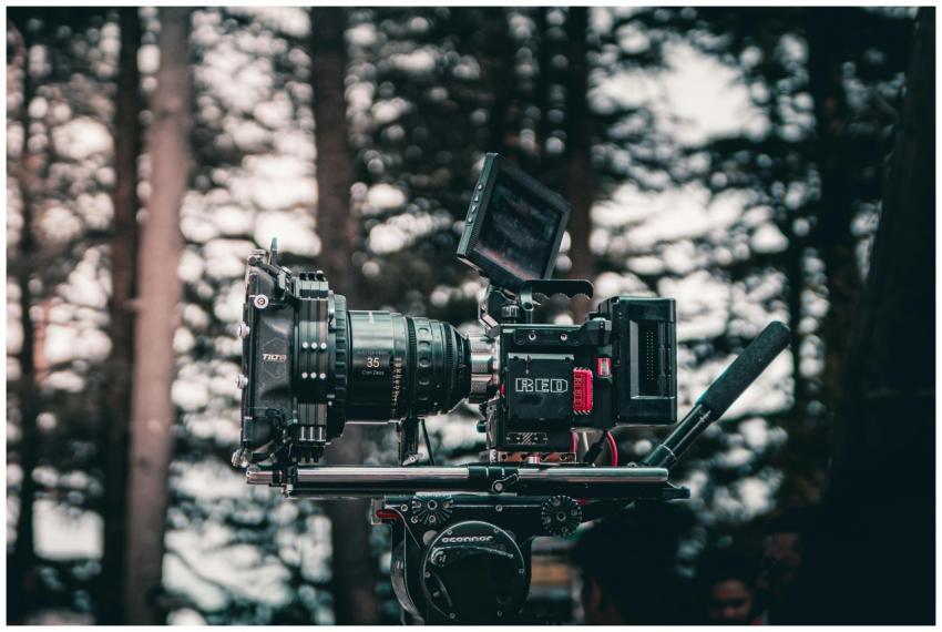 Close-up of a professional cinema camera set up ou