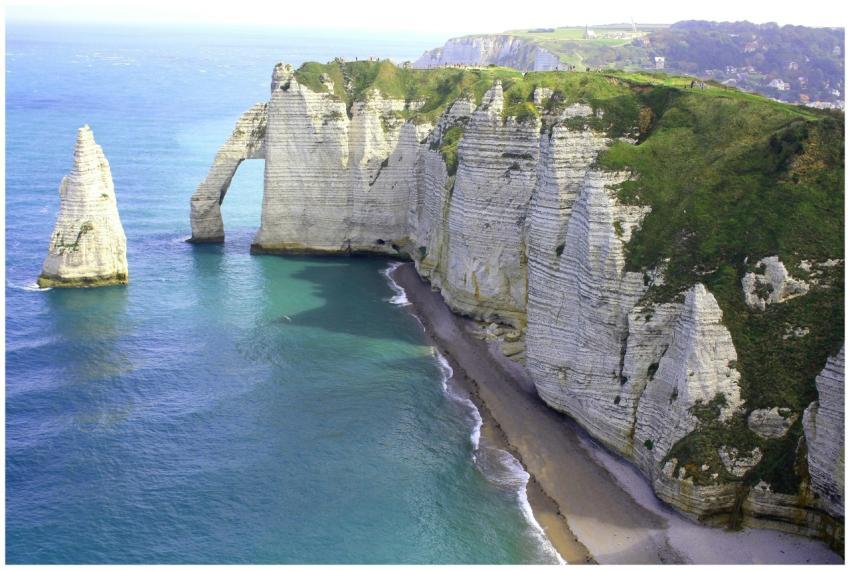 Scenic aerial view of the famous Étretat cliffs an