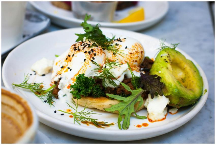 Delicious brunch featuring poached eggs, avocado,