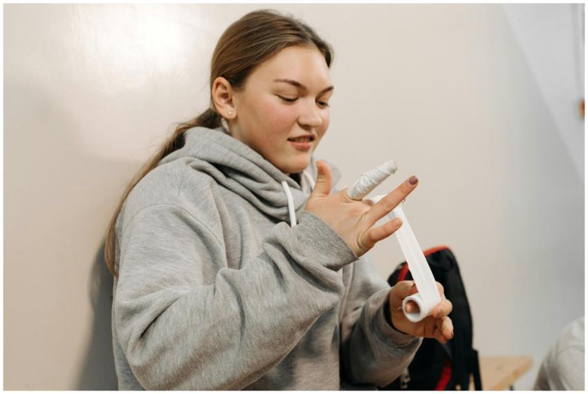 A young woman in a gray hoodie wraps her fingers w