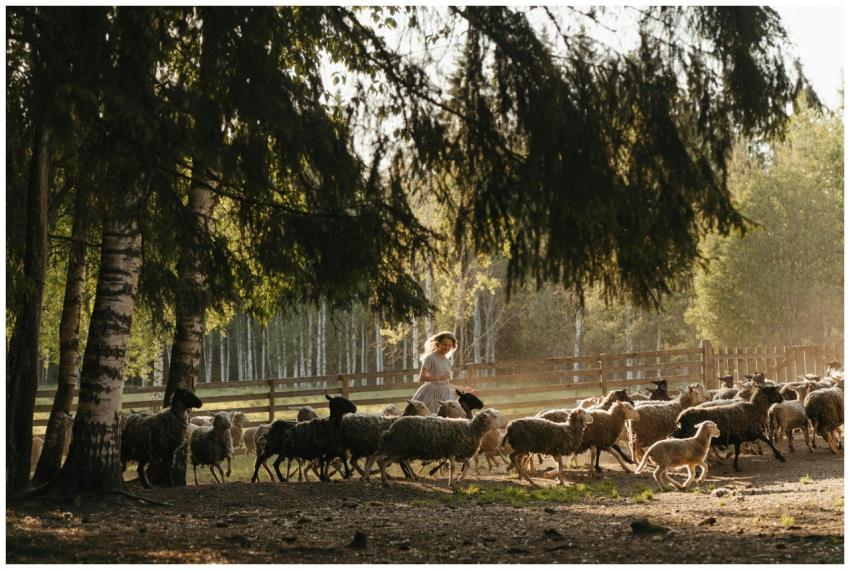 Woman herding sheep through a sunlit forest pastur