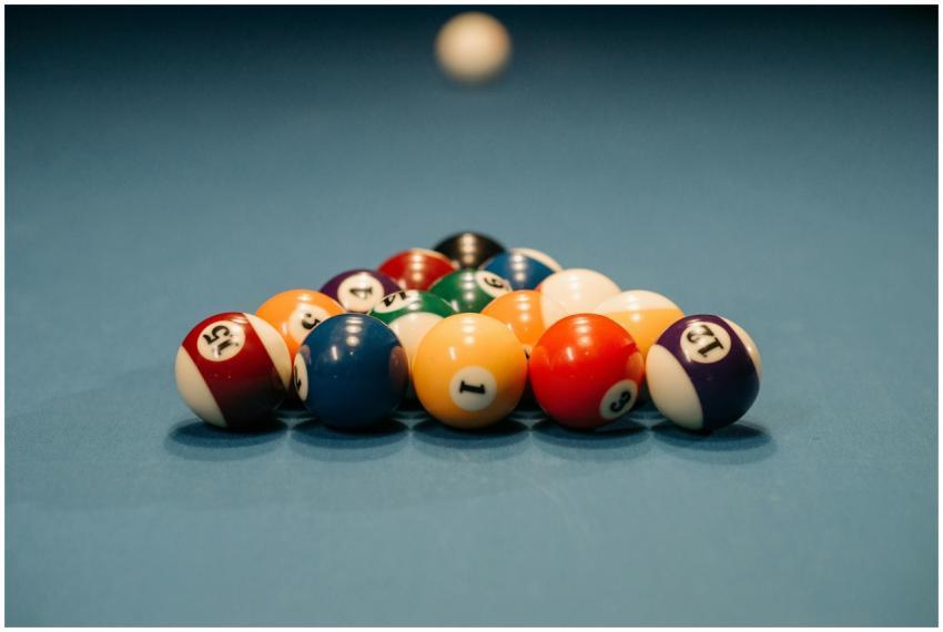 Close-up view of colorful billiard balls arranged