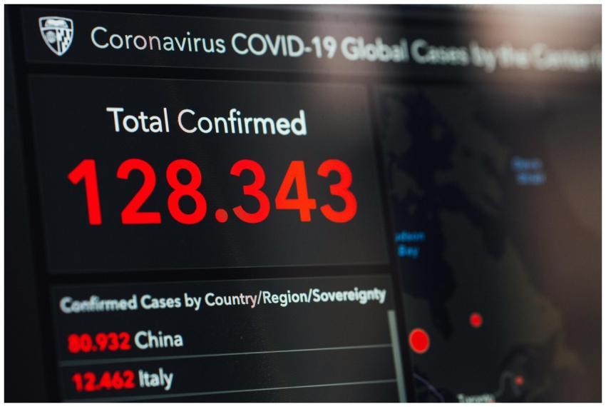Digital display showing COVID-19 global confirmed