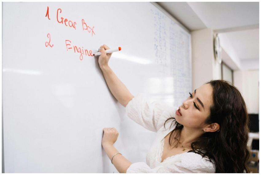 Young woman writing on a whiteboard, teaching in a