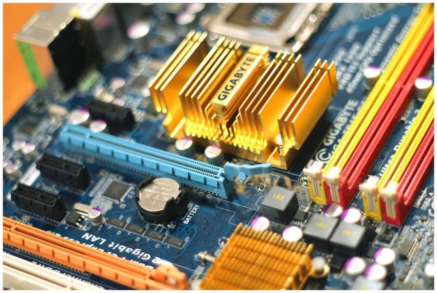 Detailed close-up of a computer motherboard showca