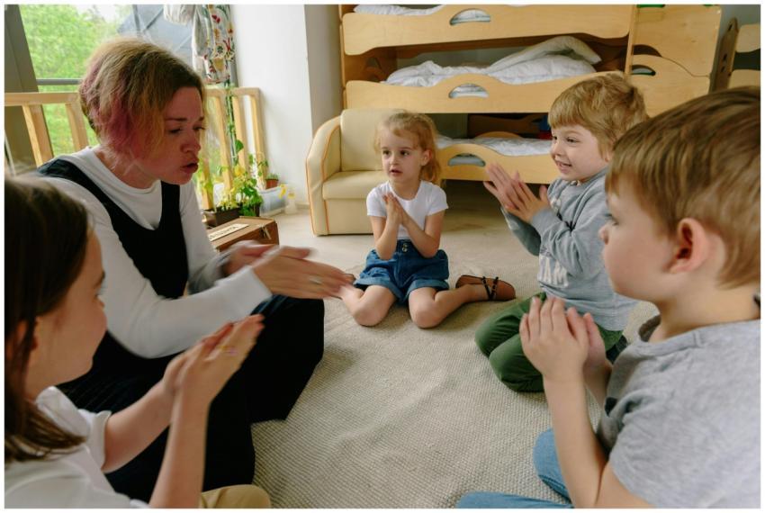 Children clapping with their teacher during an ind