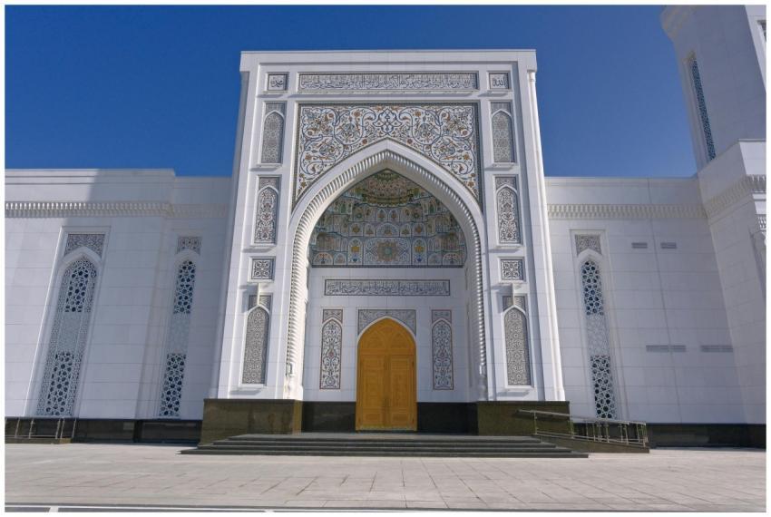 Stunning mosque facade with intricate designs unde