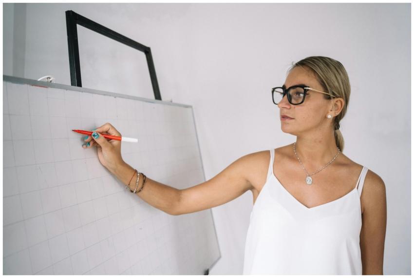 Confident female teacher explaining a concept on a