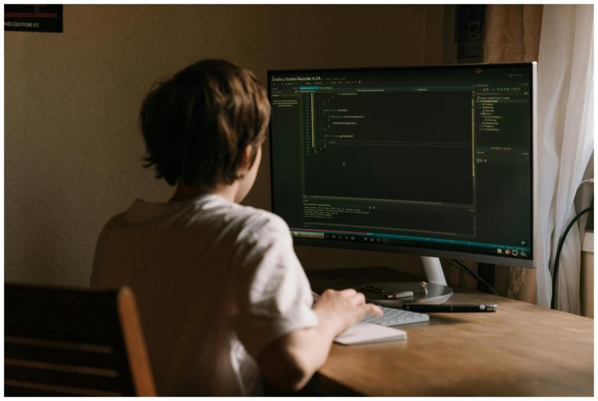 A teenager focused on coding software on a desktop