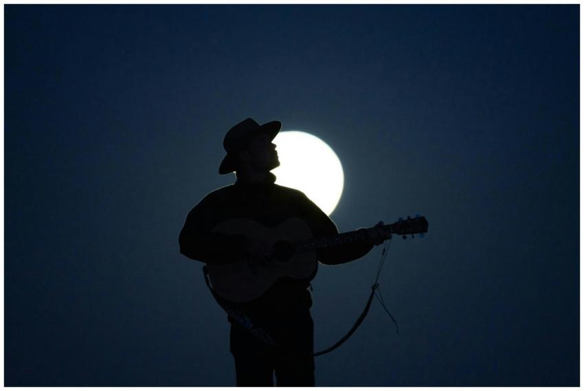 Silhouetted cowboy playing guitar in moonlight, cr