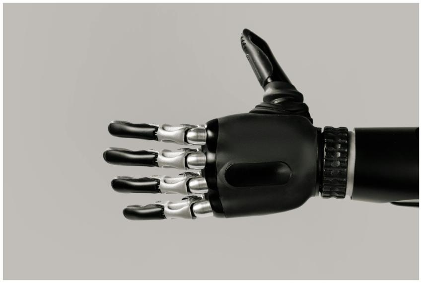 A detailed view of a sleek black and silver roboti