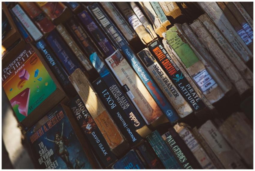 Photo of diverse vintage books stacked outdoors, c