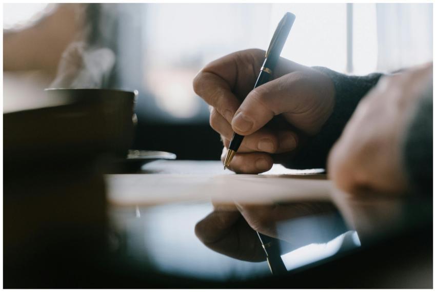 Focused adult hand writing with pen in a notebook,