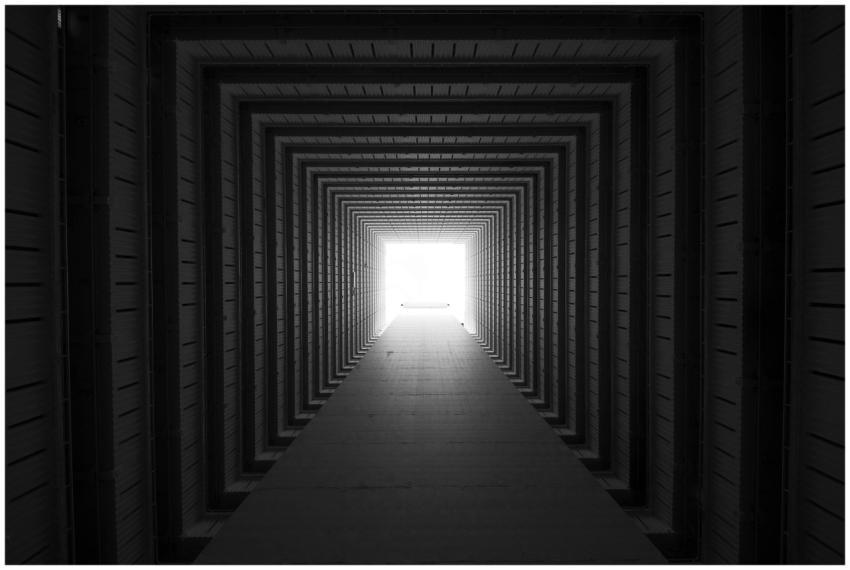Black and white image of a tunnel-like architectur