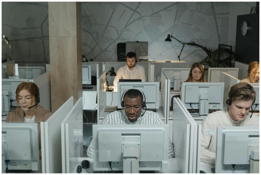A diverse group of call center agents working in a