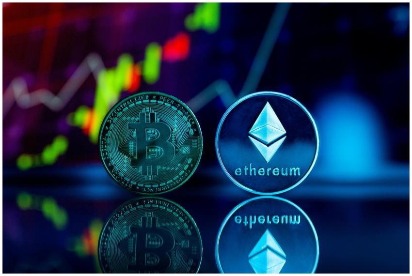 Close-up of Bitcoin and Ethereum coins with a fina