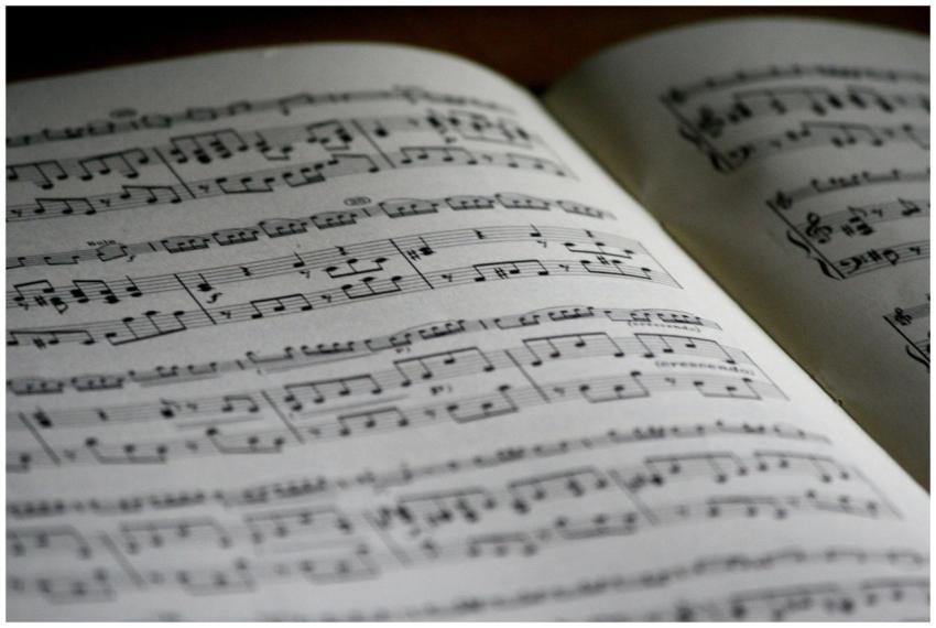 Detailed close-up of a music sheet showing complex