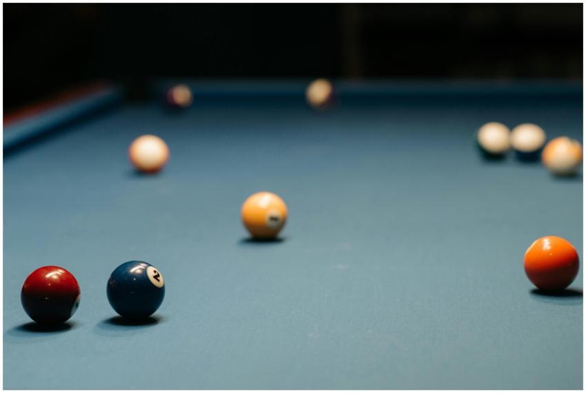 Close-up of a billiard table with colorful balls,
