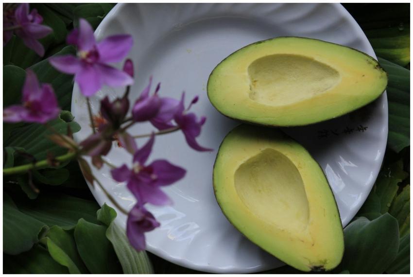 Fresh sliced avocado on white dish with vibrant pu