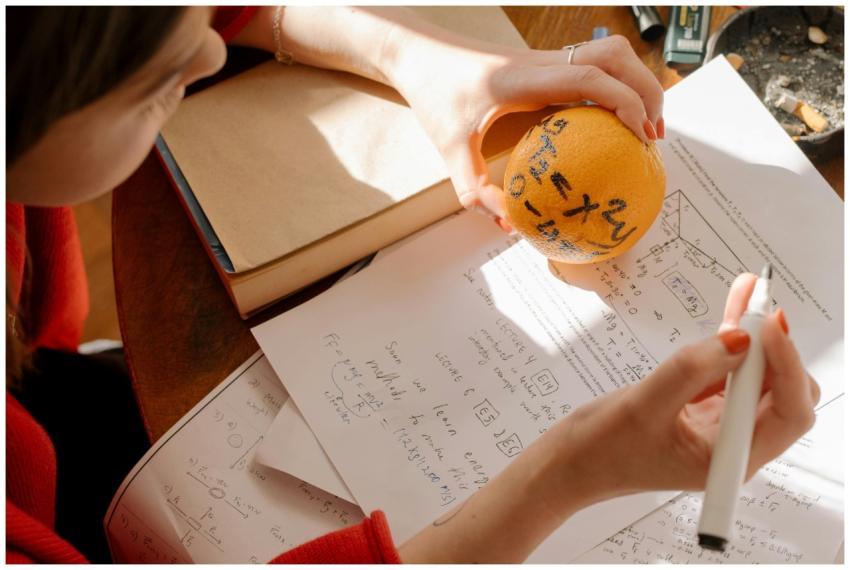 Student studying math creatively using an orange a