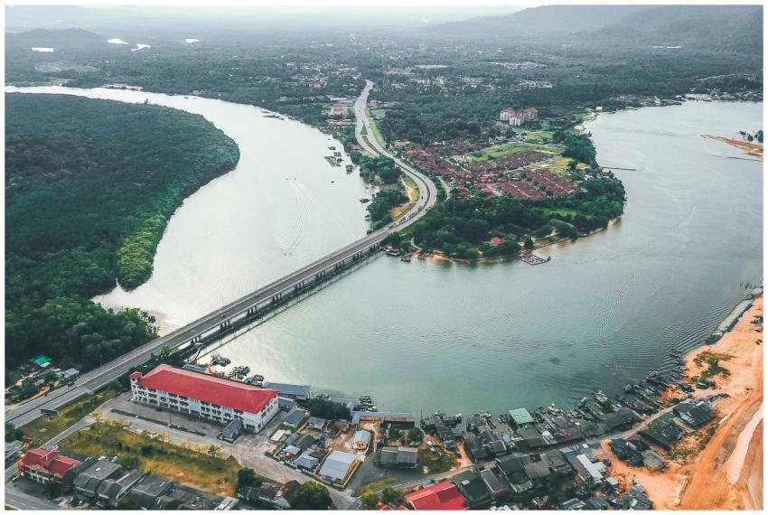 Captivating aerial view of a winding river, bridge