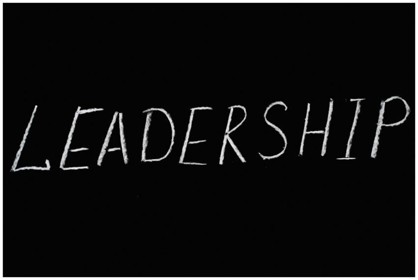Chalk text spelling 'Leadership' on a blackboard,