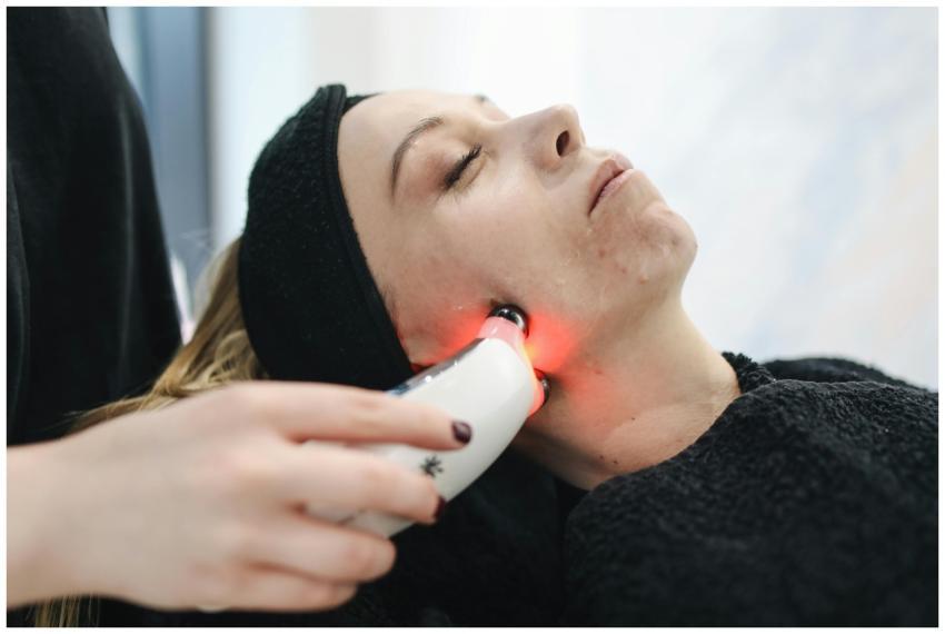 An adult woman receives a laser facial treatment i