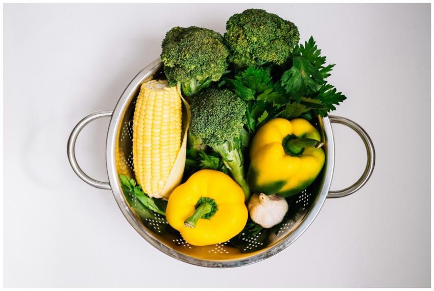 Colorful vegetables including bell peppers, brocco