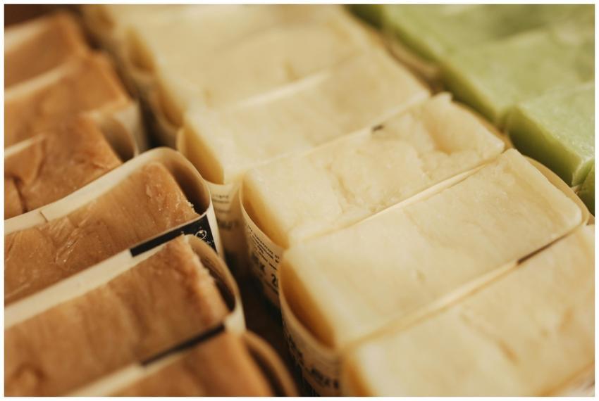 A variety of handmade natural bar soaps displayed