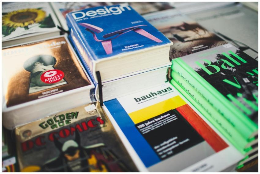 A colorful array of books on design and literature