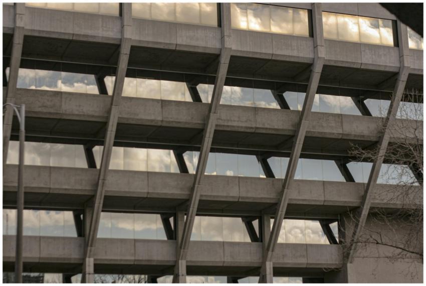 Concrete geometric facade of a Brutalist building