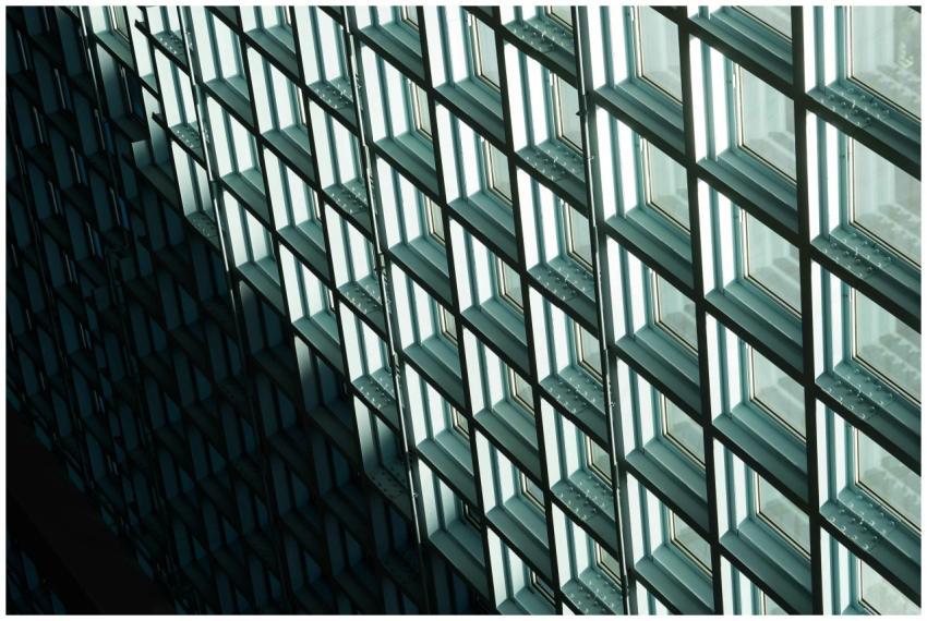 Close-up of a contemporary glass facade showcasing