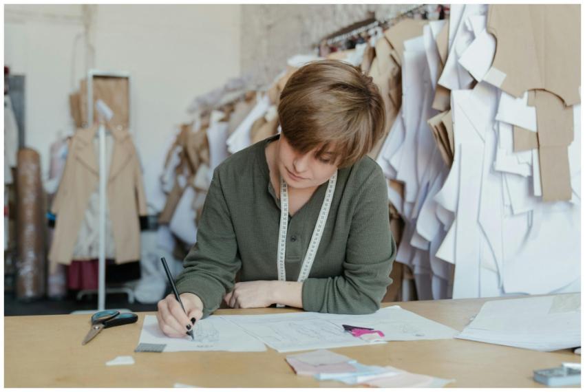 Adult seamstress sketching designs in a sewing wor