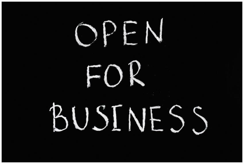 Chalkboard with 'Open for Business' text in white