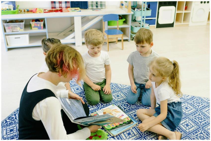 Group of children and a teacher reading together i