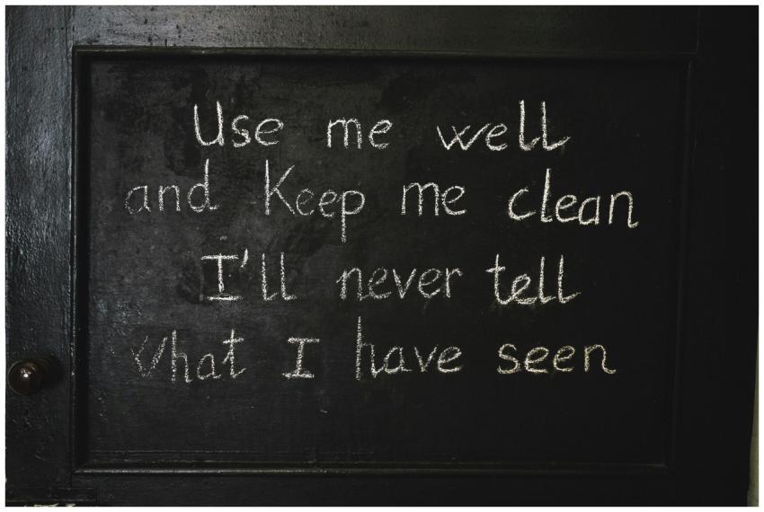 A whimsical bathroom quote on a black chalkboard p
