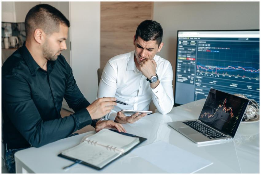 Two men discussing business analytics in an office