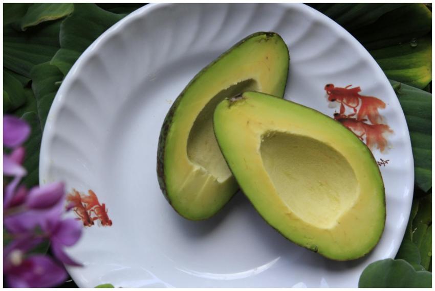 Close-up of sliced avocado on a white plate with f
