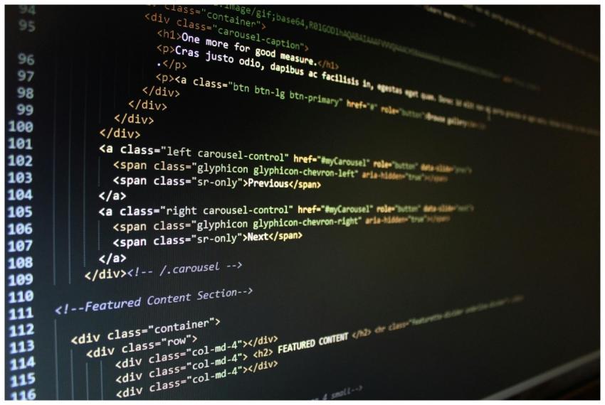Close-up of HTML code displayed on a computer moni